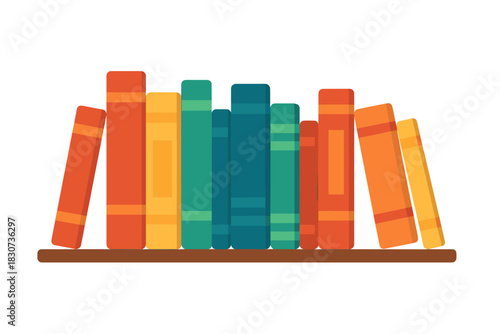 Brightly colored books standing upright and leaning on a brown wooden shelf background