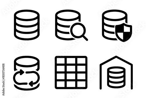 Database and data management icons set featuring search, security, synchronization, and storage concepts