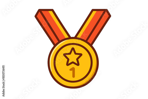 Gold medal featuring star and one hanging from striped ribbon