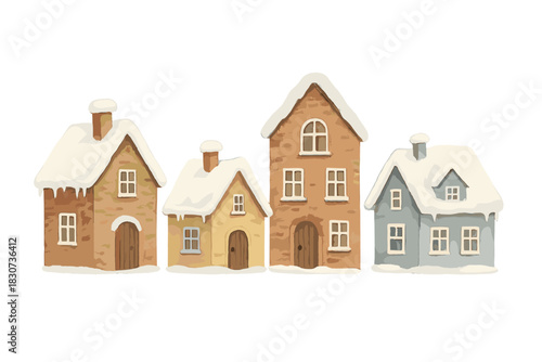Cozy winter village houses covered in thick white snow and icicles isolated on white background