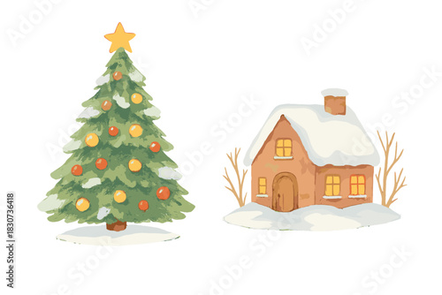 Cozy winter scene with decorated Christmas tree and snow covered cottage house isolated on white background
