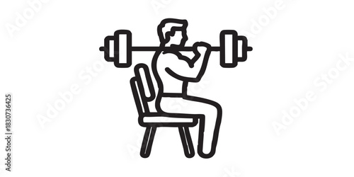 Human with barbell on chair thin line icon, body building concept. Vector graphics. Athlete man with heavy bar, sport training sign on white background, style icon mobile or web design