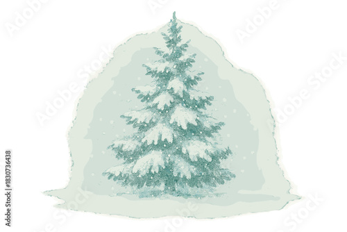 Watercolor style evergreen tree covered in fresh snow during a gentle winter snowfall