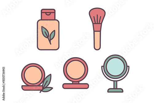 Organic skincare bottle, cosmetic brush, compact powder, and vanity mirror for beauty routine
