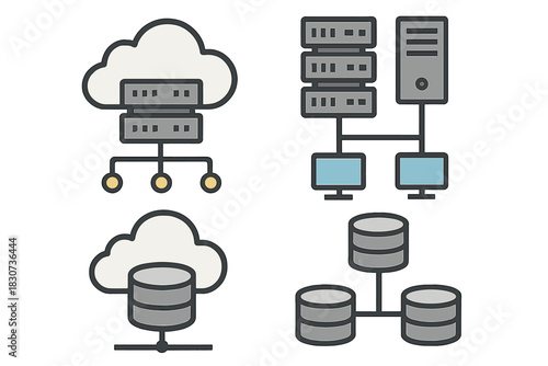 Cloud computing infrastructure diagrams showing server racks, database networks, and data storage systems