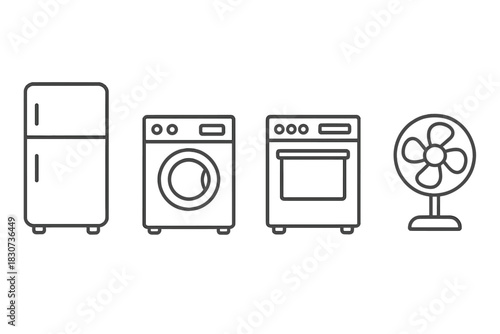 Set of four essential household appliances: refrigerator, washing machine, oven, and electric fan
