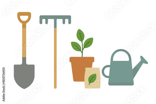 Essential gardening tools and supplies including shovel, rake, plant, seeds, and watering can
