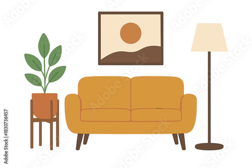 Cozy living room interior with mustard sofa, potted plant, floor lamp, and abstract wall art