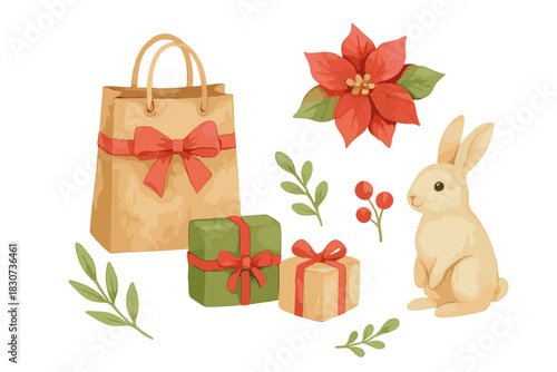 Festive holiday rabbit, poinsettia, gift boxes, and shopping bag in watercolor style