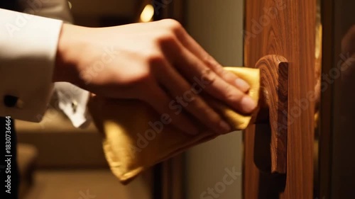Man Hands Cleaning Wooden Door Handle In Dimly Lit Setting With Focus
