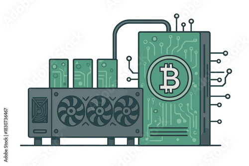 Cryptocurrency mining rig with graphics cards and cooling fans connected to a large circuit board