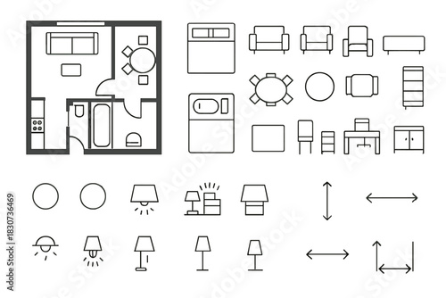 Architectural floor plan symbols and furniture icons for interior design layouts