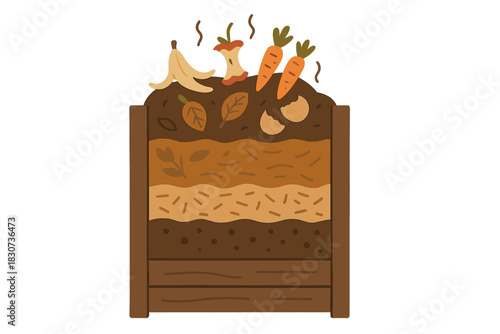 Cross section of a wooden compost bin showing layers of organic waste decomposition and food scraps