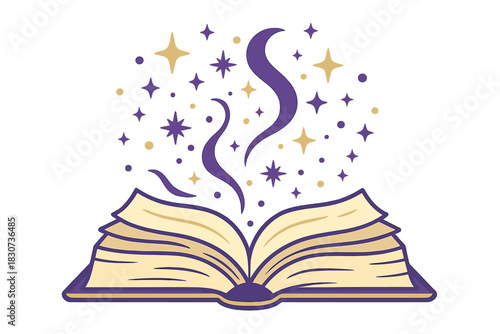Open book with magical smoke and sparkling stars rising from the pages