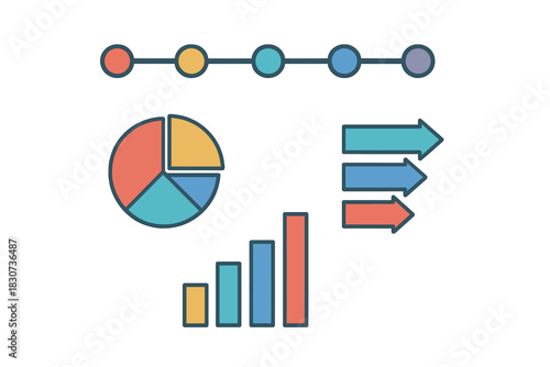 Colorful infographic elements set with pie chart, bar graph, timeline, and directional arrows