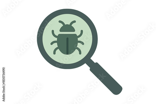 Magnifying glass focusing on stylized insect icon for software debugging