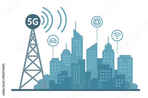 5G network tower transmitting high-speed wireless signals across a modern smart city skyline