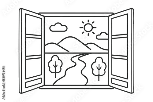 Scenic landscape view of mountains and trees through an open window frame