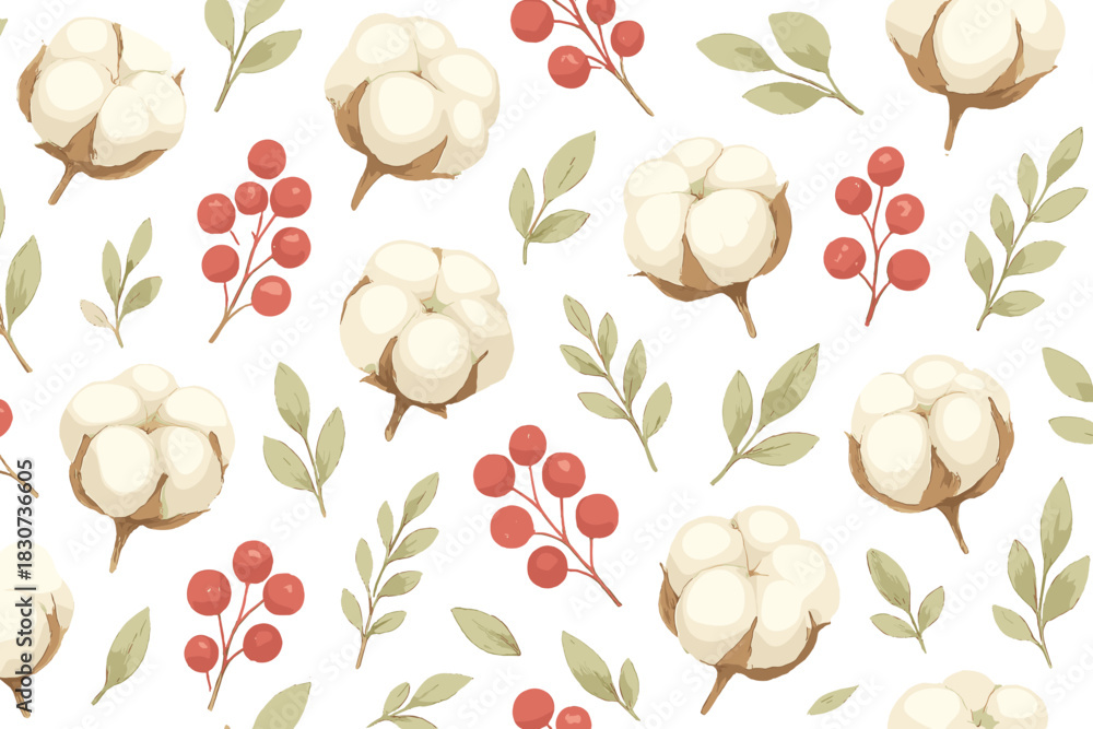 Fototapeta premium Repeating background design featuring fluffy cotton blossoms, winter berries, and botanical leaves