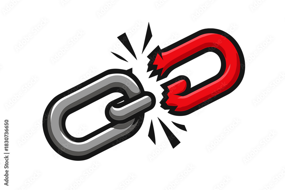 Fototapeta premium Heavy duty metal chain link snapping in half, red and gray segments