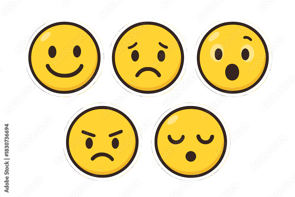 Fototapeta premium Set of five yellow emoji faces showing essential human emotions and feelings