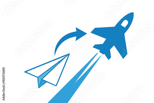 Paper airplane transforming into a high-speed rocket representing business growth