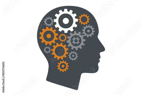 Human head profile silhouette containing rotating gears and cogs symbolizing thought