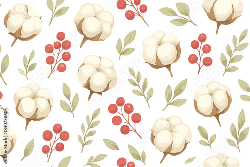 Repeating background design featuring fluffy cotton blossoms, winter berries, and botanical leaves