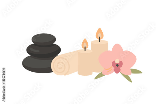 Spa treatment composition with hot stones, burning candles, rolled towel, and pink orchid flower