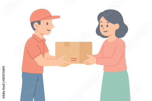 Delivery service worker handing a package to a happy customer receiving her shipment
