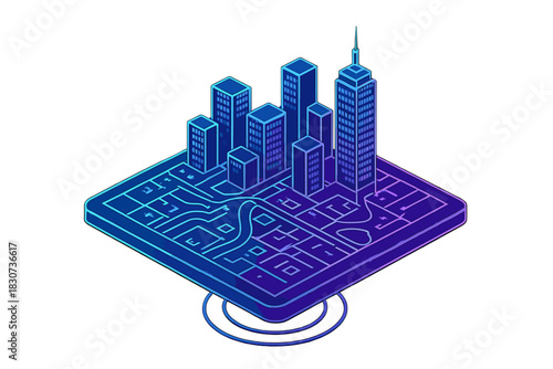Digital isometric city map with modern skyscrapers and detailed street grid layout