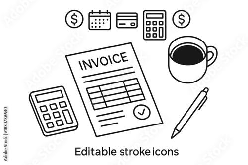 Invoice document, calculator, and payment symbols for financial accounting and business management