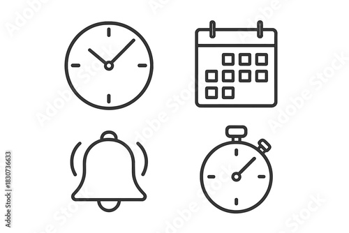 Time management and scheduling symbols set including clock, calendar, stopwatch, and alarm bell