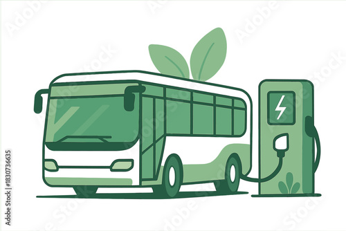 Eco-friendly public transportation bus charging at an electric vehicle station with green leaves symbol