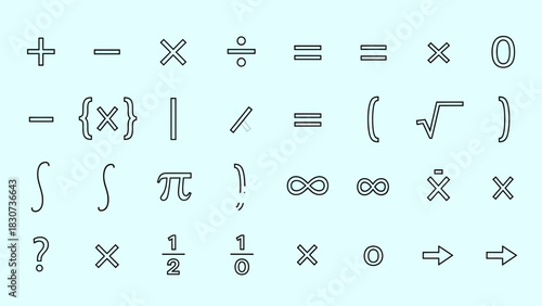 A collection of mathematical symbols and operators displayed in a grid-like arrangement on a light blue background.