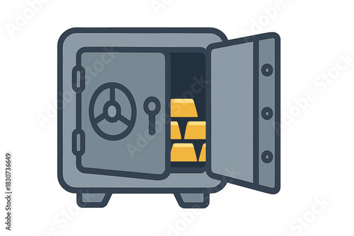 Heavy duty security safe open revealing stacks of precious gold bullion