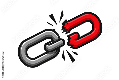 Heavy duty metal chain link snapping in half, red and gray segments