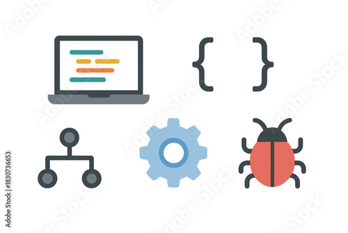 Programming and software development icons set featuring code, bug, gear, and syntax symbols
