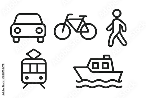 Simple outline symbols representing various modes of transportation and pedestrian movement