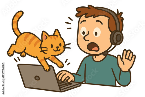 Surprised man wearing a headset while an energetic orange cat jumps onto his laptop keyboard during a video call