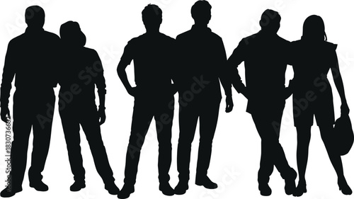 Silhouettes of diverse group of people standing together, teamwork concept, unity, collaboration, community strength, leadership, modern crowd illustration