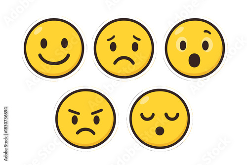 Set of five yellow emoji faces showing essential human emotions and feelings