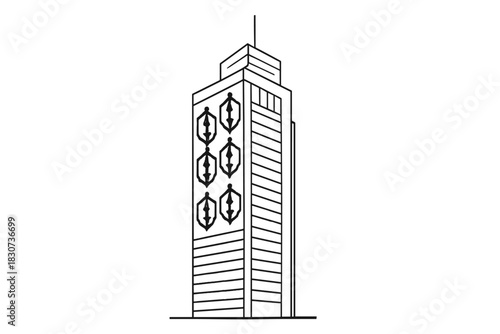 Modern skyscraper building with sustainable vertical axis wind turbines on the exterior facade