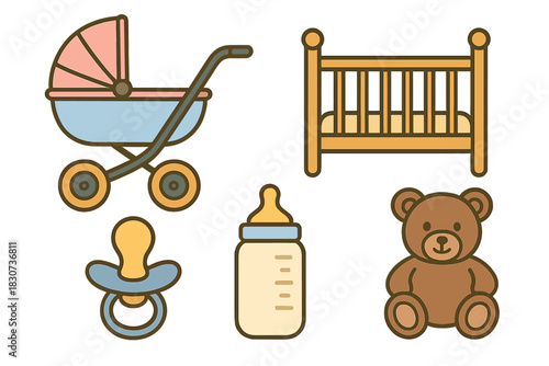 Newborn baby care essentials collection including stroller crib bottle and teddy bear toy