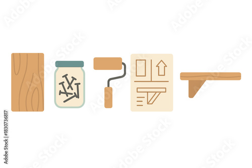 Essential items for home renovation and construction projects: wood plank, nails, paint roller, shelf