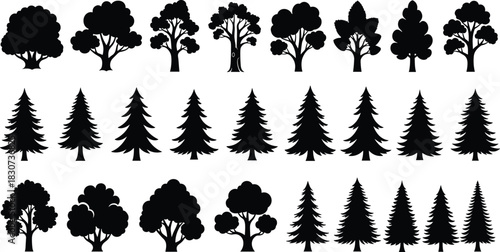 Collection of twenty-four various tree silhouettes including deciduous and conifer types, forest nature landscape vector graphic illustration icons set.
