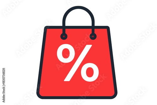 Red shopping bag icon with percentage symbol for sale discount and retail promotion