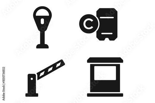 Solid black icons for parking and access control systems including meter, ticket dispenser, barrier gate, and booth