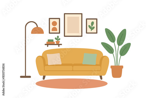 Minimalist living room interior with comfortable sofa, standing lamp, and potted plants