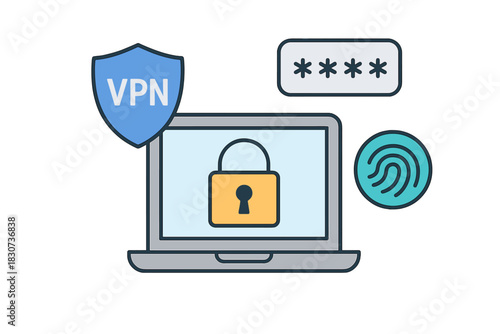 Laptop screen displaying security padlock, VPN shield, password input, and biometric fingerprint icon